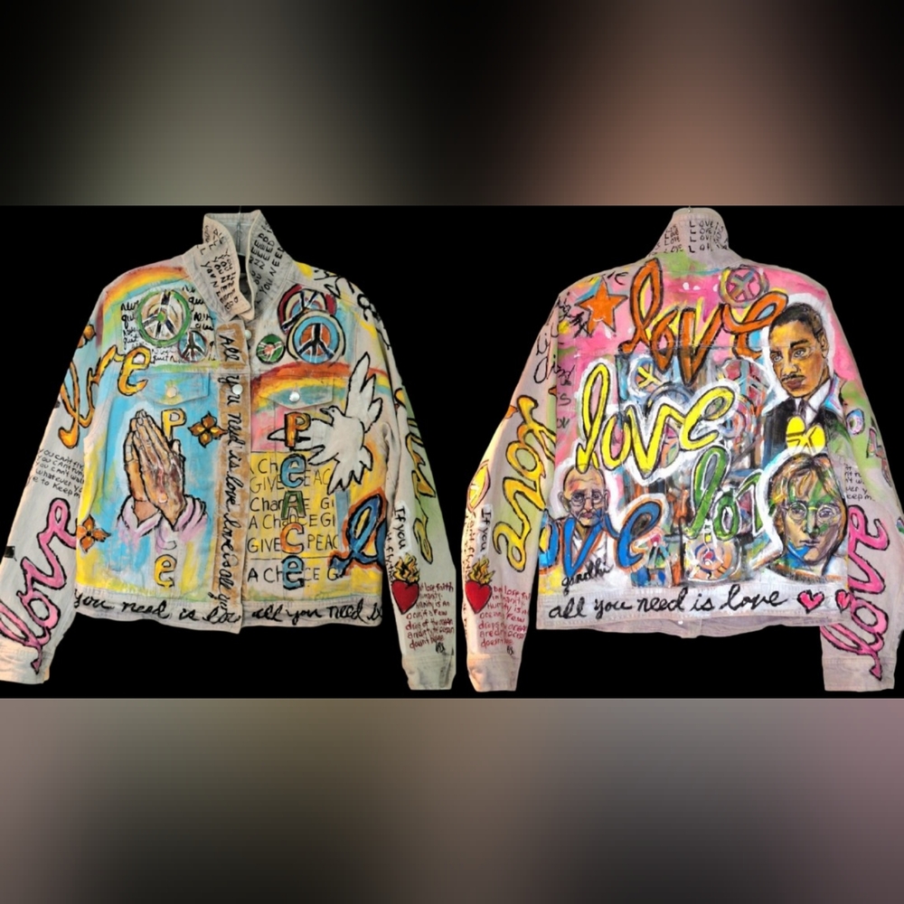 Up Cycled one of akind hand pained by Artist  denim jacket / women's medium.